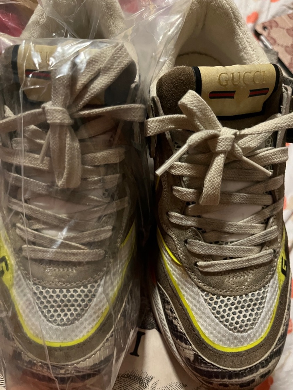 Gucci Beige Suede & Mesh Sneakers with Neon Yellow Accent - Picture 2 of 15